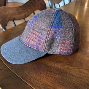 Bullock and Jones Brown Plaid Wool Cap with Purple, Blue and Coral Accents in M